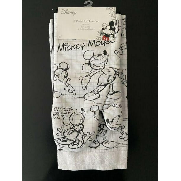 Disney Mickey Mouse Sketchbook Oven Mitt Pot Holder /& Dish Towel 3 pc Kitchen Set Black//White
